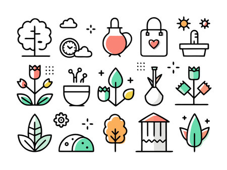 Various natural elements are presented in a simple style.のイラスト素材