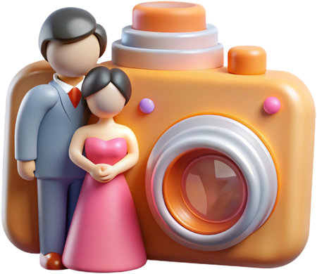Stylized 3D couple portrait stands near a camera designの素材