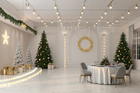 Festive Christmas decorations adorn a elegant dining roomの素材