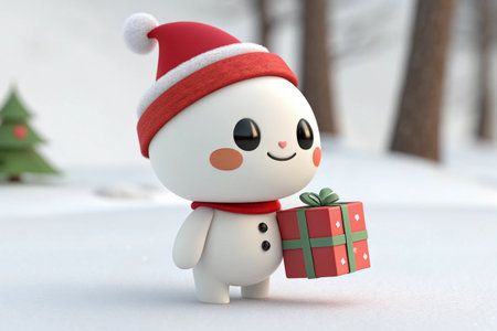 Cute reindeer character stands near the illuminated tree.の素材