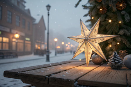 Snowy Christmas scene viewed through a cozy window frameの素材