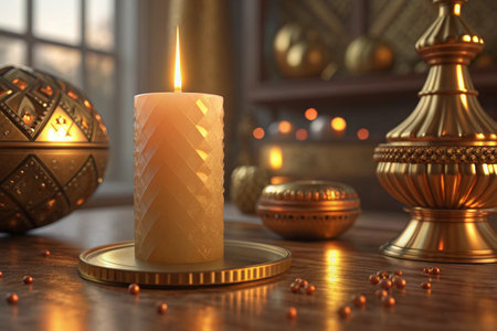 Warm candle light with festive decorative elements on tableの素材