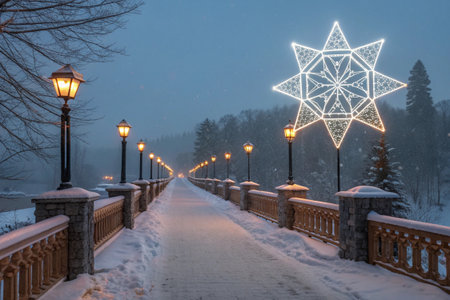 Snowy bridge illuminated with lanterns and Christmas star.の素材