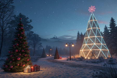 View from window shows Christmas tree and falling snow sceneの素材