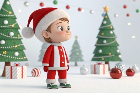 Cartoon boy in Santa suit stands in festive Christmas scene.の素材