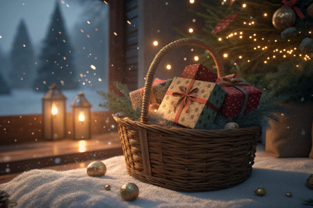 Christmas presents are in a wicker basket near snow sceneの素材