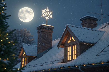 Snow covered house at night with bright moon and snowflakeの素材