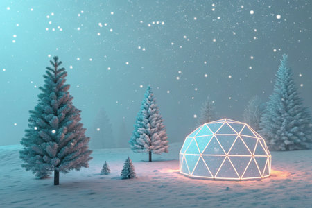Enchanting winter scene with glowing dome and snowy treesの素材