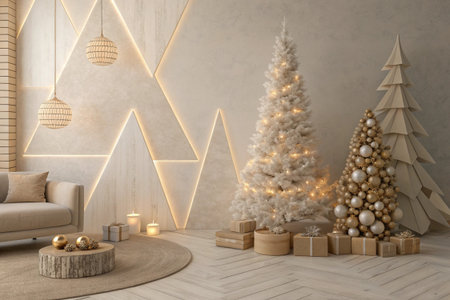 Beige Christmas scene features trees, gifts, and a warm glowの素材