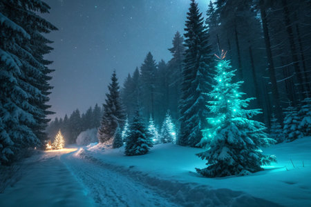 Snowy landscape with illuminated trees in winter forestの素材