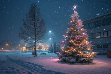 Snow falls on a cozy street adorned with festive lightsの素材