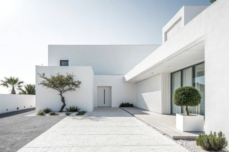 Minimalist modern white house with trees and clean linesの素材