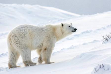 Polar bear standing on snowy plain, looking out in landscapeの素材