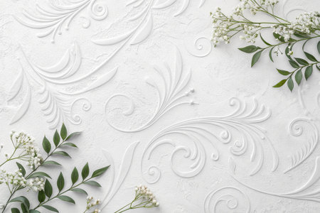 White floral embossed design with delicate baby's breath.の素材