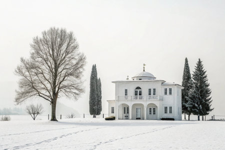 Serene white chapel sits seaside under a soft cloudy sky.の素材