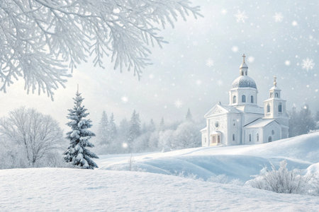 Arctic wolf attentively observes snowy landscape vista.の素材