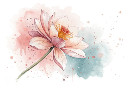 Watercolor illustration of a delicate lotus flower in gentle pink and gold.の素材