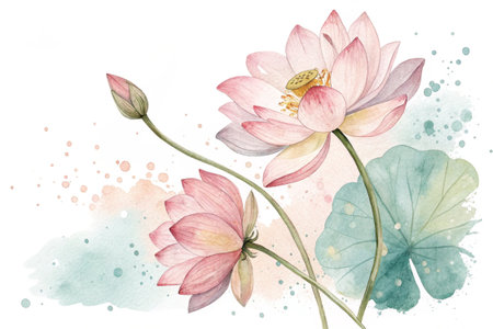 Delicate watercolor painting showcases the beauty of lotus flowers in bloom.の素材