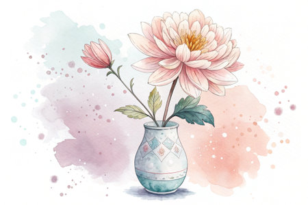 Watercolor flowers arranged artfully in a decorative vase on white background.の素材