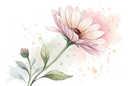 Watercolor daisy illustration featuring soft pink petals and green leavesの素材