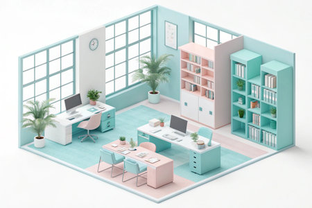 Isometric office space showcases a modern, pastel-colored workplace setting.の素材