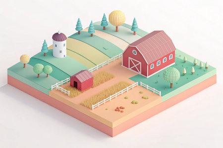 Isometric office scene in pastel colors, featuring desks, chairs, and plants.の素材