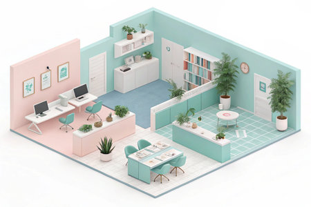 Isometric farm illustration showcasing agriculture and rural scene depiction.の素材