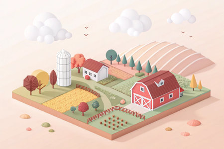 Isometric farm scene with red barn, silo, fields, trees and gentle cloudsの素材