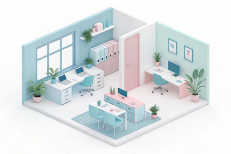 Isometric farm scene showcases a red barn, animals, and farm equipment.の素材