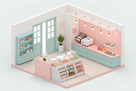 Isometric pastry shop interior showcasing delicate sweets in a miniature space.の素材