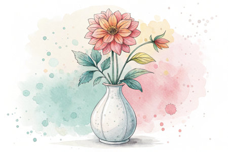 Watercolor dahlia flower in vase, radiating a soft, serene, and delicate moodの素材