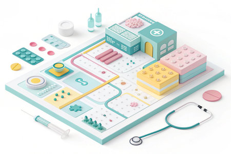 Isometric rendering displays a modern office with pastel color palette space.の素材