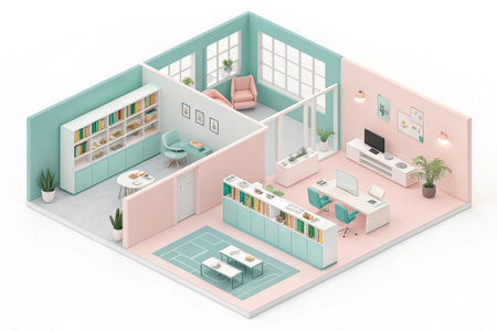 Pastel isometric office interior design renders a peaceful work environment.の素材