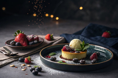 Delicate cheesecake dessert presented with fresh berries and vanilla ice cream.の素材