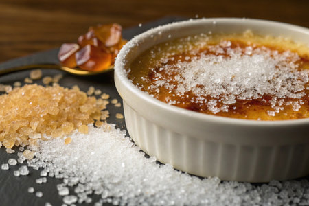 Close-up of crÃ¨me brÃ»lÃ©e with sugar crystals, enhanced by brown sugar chunks.の素材