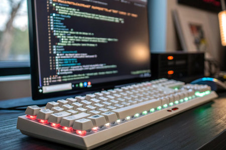 Close-up of a mechanical keyboard with RGB lighting on a desk at home.の素材