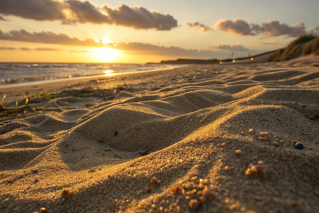 Golden hour illuminates the beach sand creating a warm, inviting atmosphere.の素材