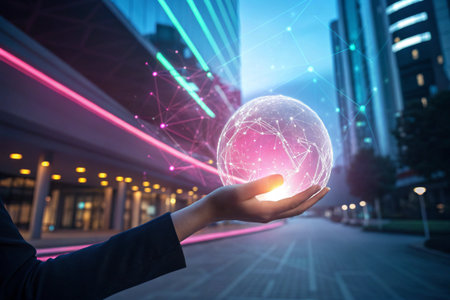 Hand holding glowing orb with connections in a futuristic urban setting.の素材