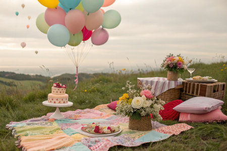 Pastel picnic scene with cake, flowers, balloons creating a dreamy, soft vibe.の素材