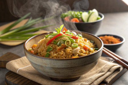 Steaming bowl of fried rice with colorful vegetables presented beautifully.の素材