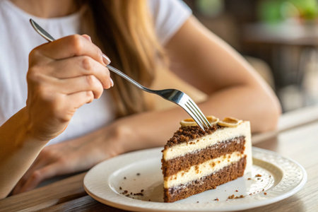 Woman is about to eat a layered chocolate cake with a fork, indoors setting.の素材