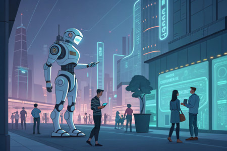 Futuristic city street scene with people and a robot interacting with screens.の素材