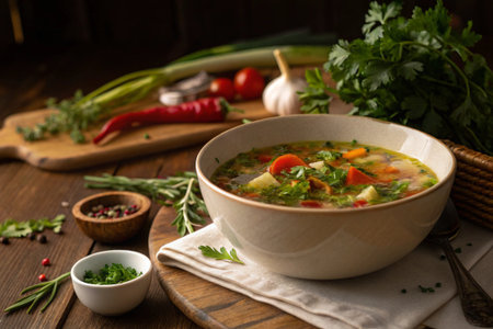 Steaming dumplings in a bamboo container with fresh herbs and chili peppers.の素材