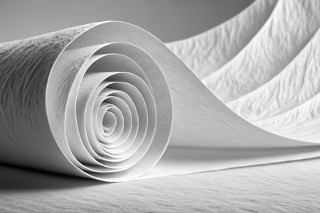 Abstract monochromatic image showing rolled textured white paper layers.の素材
