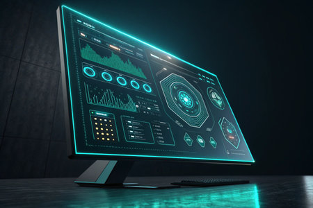 A futuristic glowing interface showing complex data visualization elements.の素材