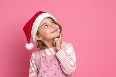 A smiling girl in a Christmas hat looks up thoughtfully on a pink background.の素材