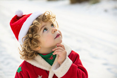 Adorable toddler thoughtfully gazes upward with finger on her chin in wonder.の素材