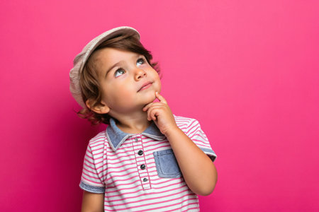 Thoughtful young boy with finger on chin looks upward against yellow backdrop.の素材