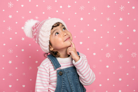 Thoughtful child in winter hat gazes upwards against a pink snowflake backdrop.の素材
