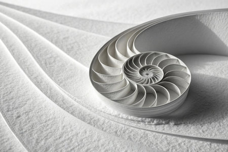 Elegant nautilus shell section rests on white, textured, undulating surface.の素材